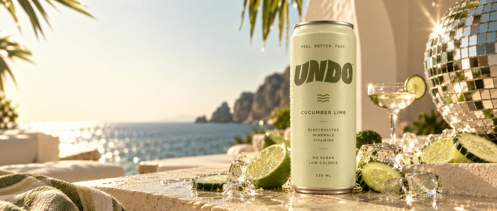 UNDO premium electrolyte drinks - For what comes after. Cucumber Lime can on a sunlit Mediterranean terrace with limes, ice and a disco ball